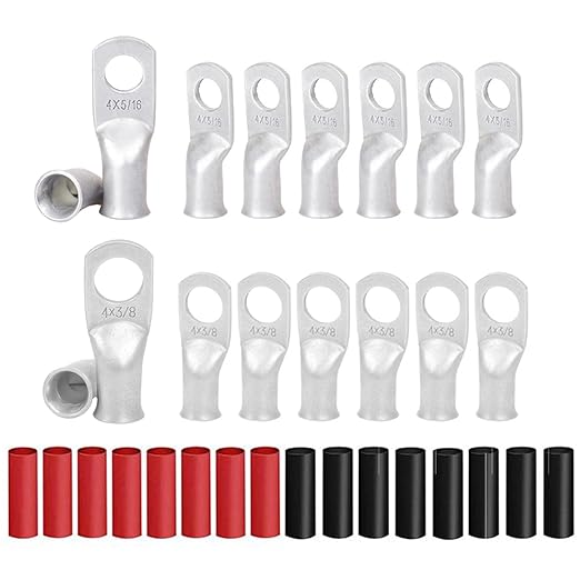 8Pcs 4 AWG 3/8" Stud and 8Pcs 4 AWG 5/16" Stud Heavy Duty Tinned Copper Wire Lugs with 16Pcs Heat Shrink Tubing Ring Terminals 4 Gauge Battery Cable Ends Bare Copper Eyelets