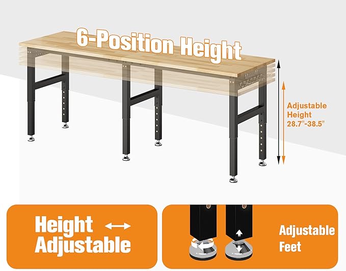 SPECRAFT 84“ Adjustable Heavy Duty Workbench with 4 AC Outlet and 2 USB Ports Power Outlets, 5000 Lbs Capacity, Rubber Wood Top for Garage, Workshop, Office