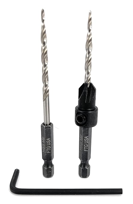 FTG USA Adjustable Wood Countersink Drill Bit #6 (9/64") with 1 Tapered Drill Bit for Woodworking