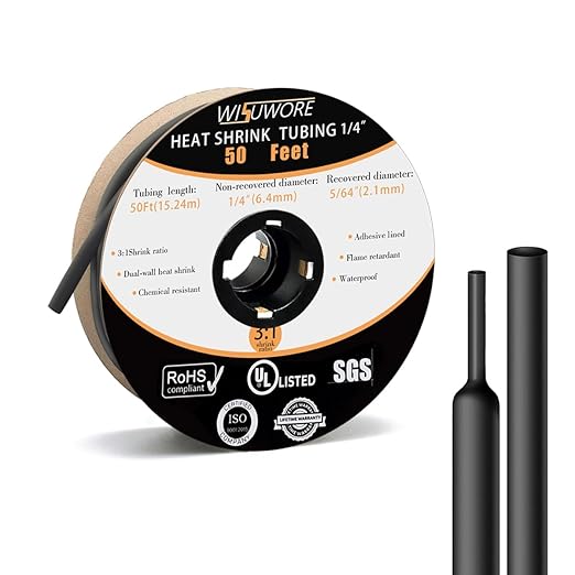 3:1 Heat Shrink Tubing with Adhesive Lining - UL & RoHS Certified, 1/4 Inch, 50 Feet Roll, Eco-Friendly, Flame Retardant, Industrial Grade for Cable Wire Protection - Black