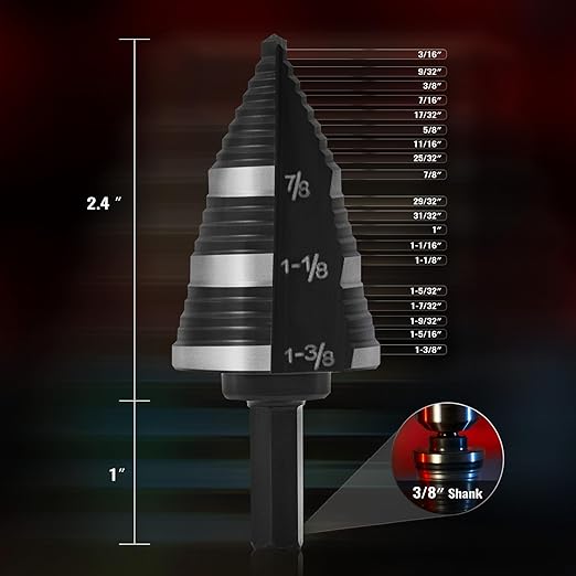 ZELCAN 1PC M2 Step Drill Bit, Faster Drilling Step Bit 3/16 to 1-3/8 Inch, Professional Unibit Drill Bit for Cutting Holes On Sheet Metal, Steel, Wood, Aluminum, PVC, Stepped Up Bit for Electrician