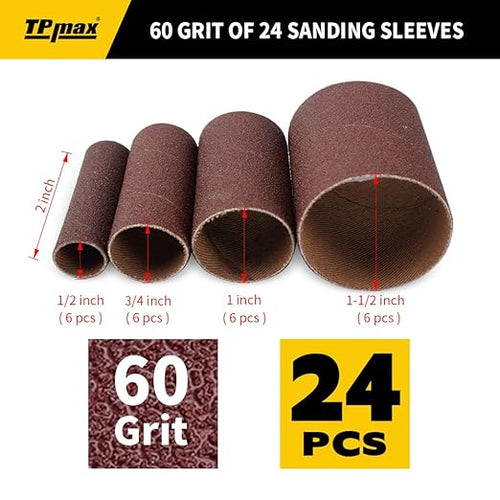 24-Pack Spindle Sanding Sleeves - 60 Grit - 2-Inch Length - Assorted Diameters of 1/2 in, 3/4 in, 1 in, and 1-1/2 inches