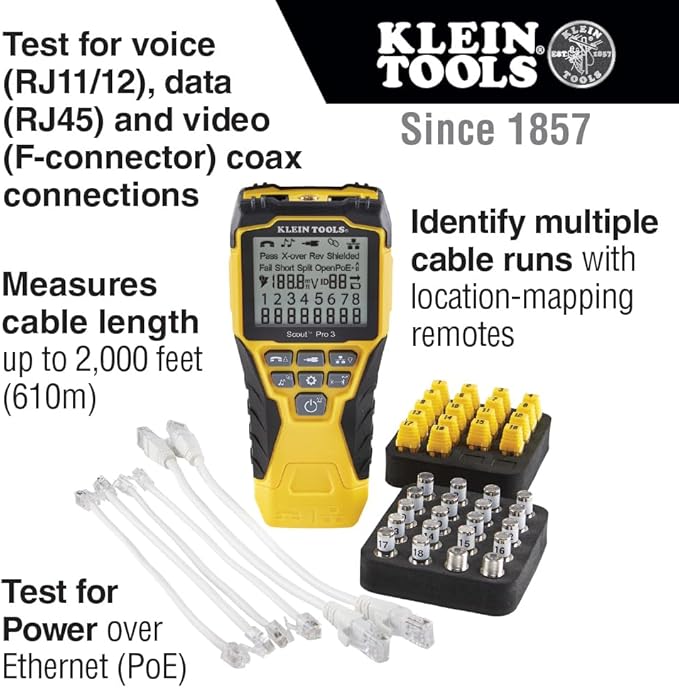 Klein Tools VDV501-852 Cable Tester with Remote, VDV Scout Pro 3 Test Kit Locates and Tests Voice, Data and Video Cables