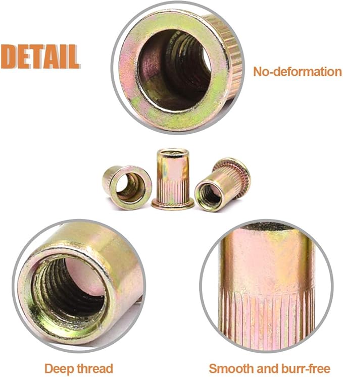 Keadic 150Pcs M5 Rivet Nuts Metric Zinc Plated Rivet Nut Carbon Steel Rivet Nut Flat Head Threaded Insert Kit Threaded Rivet Insert Nutsert Rivnuts Kit for Furniture