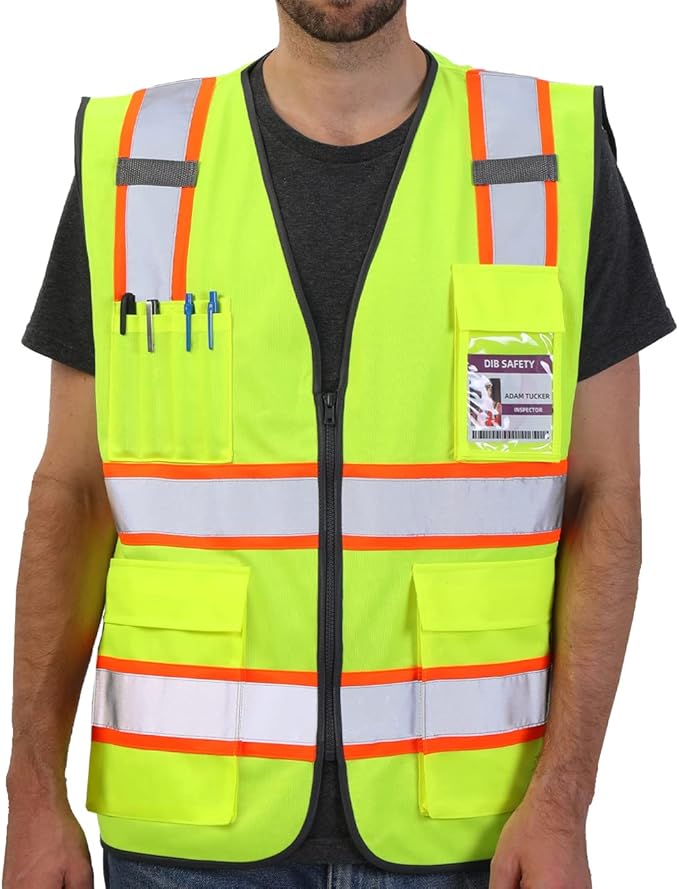 Dib Safety Reflective Vest High Visibility Two Tone with Pockets and Zipper, ANSI Class 2 Compliant, Yellow with Orange Trim XL