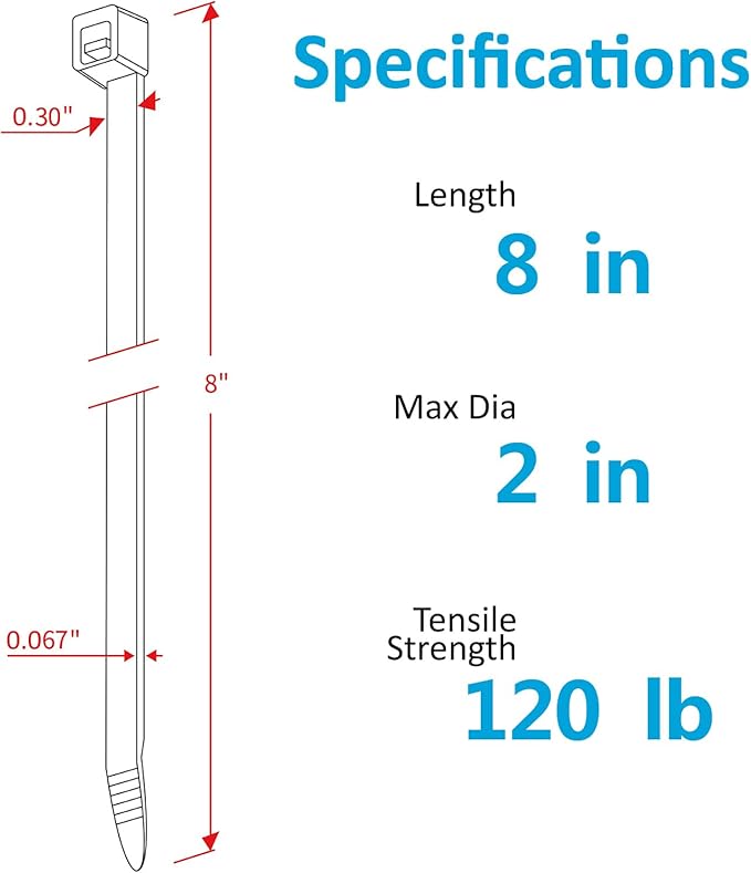 Zip Ties 8 inch Heavy Duty Zip Ties with 120 Pounds Tensile Strength, Black Cable Ties, 100 Pieces,by Karoka