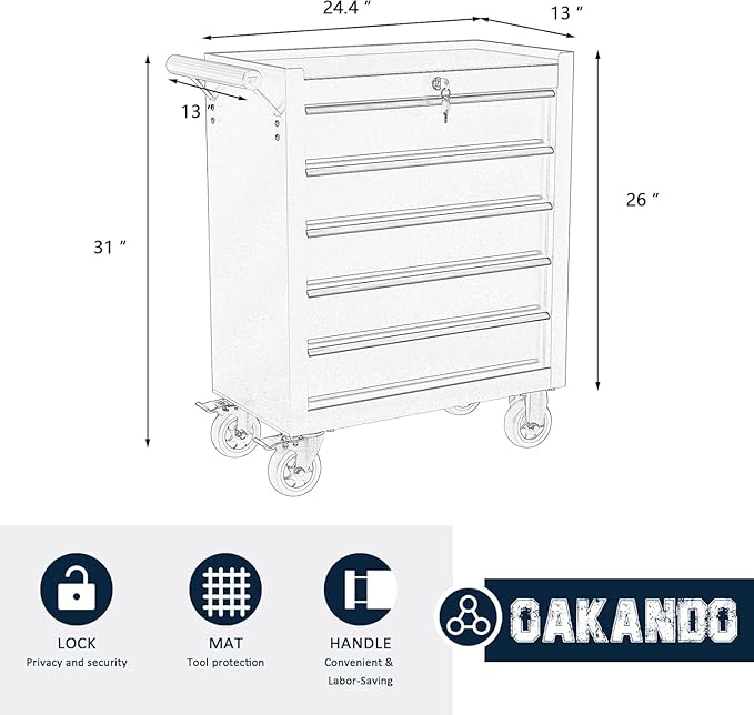 5-Drawer Metal Rolling Tool Chest with Wheels,Tool Storage Cabinet with Locking System，Toolbox with Wheels for Garage, Warehouse, Workshop, Repair Shop (Black&red, 5-Drawer)