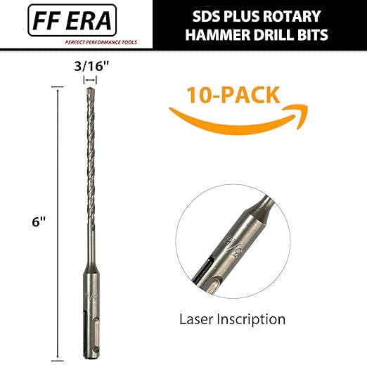 10-Pack SDS Plus 3/16" x 6" Rotary Hammer Drill Bits, Carbide Tipped for Brick, Stone and Concrete