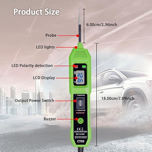 CT03 Power Circuit Tester, 6-24V DC Test Light Short Circuit, Automotive Component Electrical Polarity Identify Continuity Tester, Overload Protection