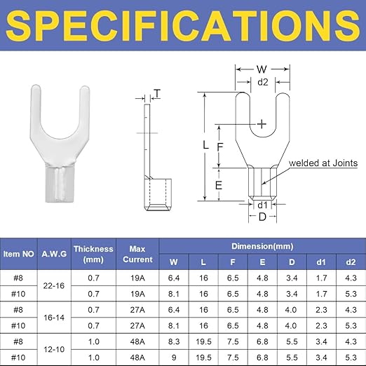 haisstronica 100pcs #8 Fork Terminals,AWG 22-16 Brazed Seam Non-Insulated Copper Wire Connectors