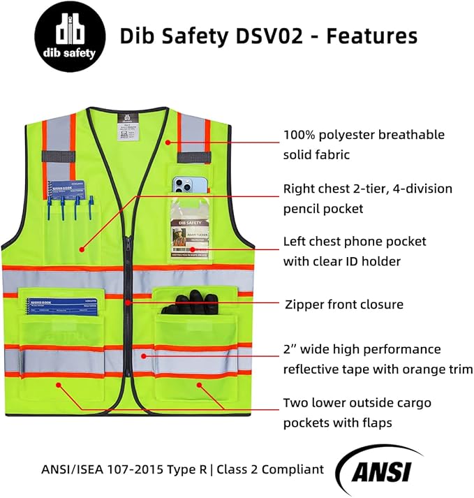 Dib Safety Reflective Vest High Visibility Two Tone with Pockets and Zipper, ANSI Class 2 Compliant, Yellow with Orange Trim XL