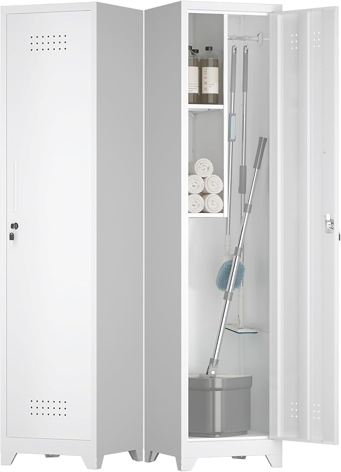 Metal Tall Broom Storage Cabinet, 65" Broom Closet Cabinets with Adjustable Shelves and S-Hooks, Slim Bathroom Cabinet, Metal Storage Cabinets for Home Office, Pantry, Bathroom