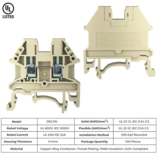 Dinkle DK2.5N DIN Rail Terminal Block Screw Type UL 600V 20A 12-22AWG, Pack of 100