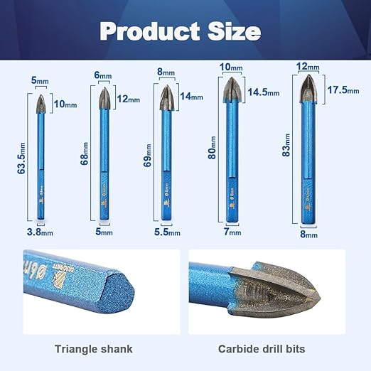 Masonry Drill Bit BRSCHNITT 3/16",1/4"*4,5/16"*2,3/8"*2,1/2" Carbide Tips Concrete Drill Bit Set for Pots Bottles Ceramic Tile Glass Brick Ceramic Triangle Shank