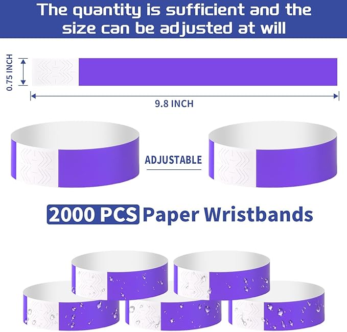 2000 Pcs Paper Wristbands for Events Waterproof Neon Purple Wrist Bands Adhesive Concert Identification Wristbands Hand Bands for Events(Purple)