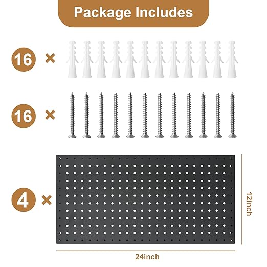 4 Packs 24"x12" Pegboard Wall Organizer, Metal Pegboard Panels Tool Organizer, Pegboard Storage System for Shop, Workbench, Black Metal Peg Boards for Walls
