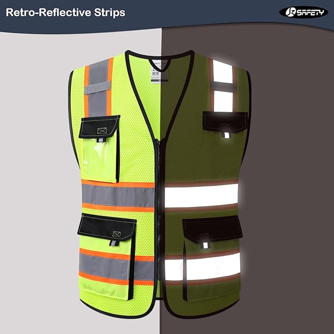 JKSafety Hi Vis Reflective Safety Vests for Men Women High Visibility Vest with Pockets Mesh Fabric Construction Safety Apparel Neon Vest for Work (220-Yellow 3XL)
