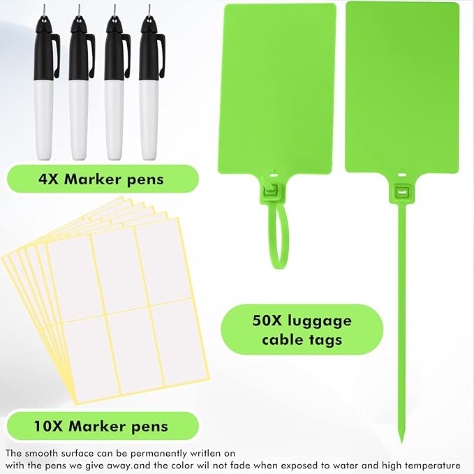 Pajean Waterproof Plastic Tags with Marker Pens and Sticker Labels, Self Locking Bag Writable Tags with Wire Cable Ties for Luggage(Green,50 Pieces)