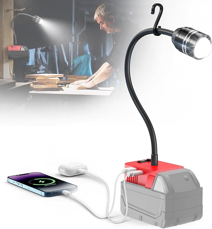 LIVOWALNY 2000LM LED Work Light Compatible with Milwaukee 18V Battery, 20W Flood Light, 12" Flexible Gooseneck, Flashlight Lights with USB-A & Type-C Charging Port, Low Voltage Protection (No Battery)
