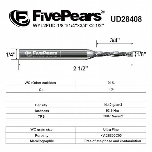 FivePears Up&Down Cut Compression Spiral Router Bit for CNC, 1/8 inch Cutting Diameter and 3/4 inch Cutting Length 1/4 in Shank Carbide End Mill Router Bit for Wood Carving Engraving Grinding Grooving