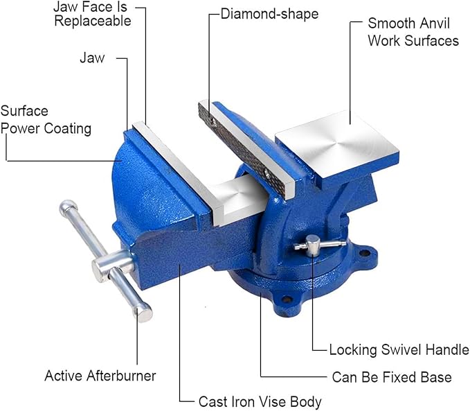 6" Heavy Duty Bench Vise, Pipe Vise Bench Vices with Anvil Swivel Table Top Clamp Locking Base, Double Swivel Rotating Vise Head& Body Rotates 360°-Blue