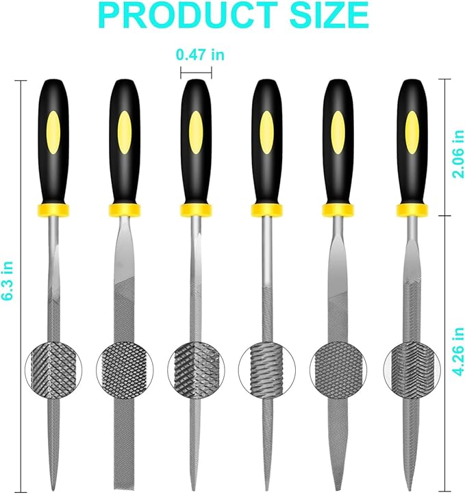 6 Piece Metal Needle File Set - 4-inch,Carbon Steel Files for Metal, Wood & Jewelry | Includes Flat, Warding, Square, Triangular, Round, and Half-Round Files