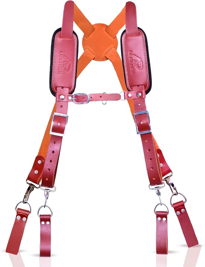 Tool Belt Suspenders – Heavy-Duty Adjustable Work Suspenders with 4 Detachable D-Loop for Construction Tool Belt (Maroon)