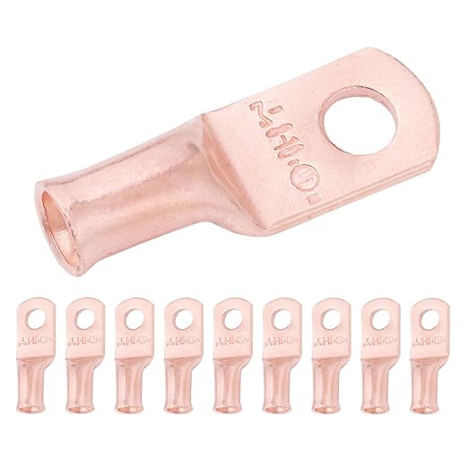 SELTERM 10pcs 8 AWG - #10 Stud - Battery Lugs, Heavy Duty Wire Lugs, Ring Terminals, Battery Cable Ends,8 Gauge Terminals, UL Bare Copper Eyelets Electrical Battery Terminal Connectors