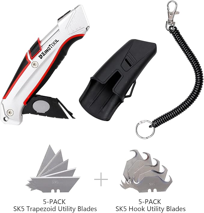 KingTool Self-Retracting Box Cutter with Holster & Belt Clip, Auto Retractable Safety Utility Knife with Total 10PCS SK5 blades, Aaluminum Shell with Rubber Grip, Sturdy & Strong