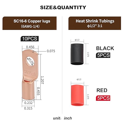 Thick Battery Terminal Copper Lugs,10Pcs Bare Copper 6Awg-1/4(M6) Ring Connections for Electric Lines Terminals for Batteries Connector Clamps with 10Pcs 3:1 Heat Shrink Tubing Assortment Kit