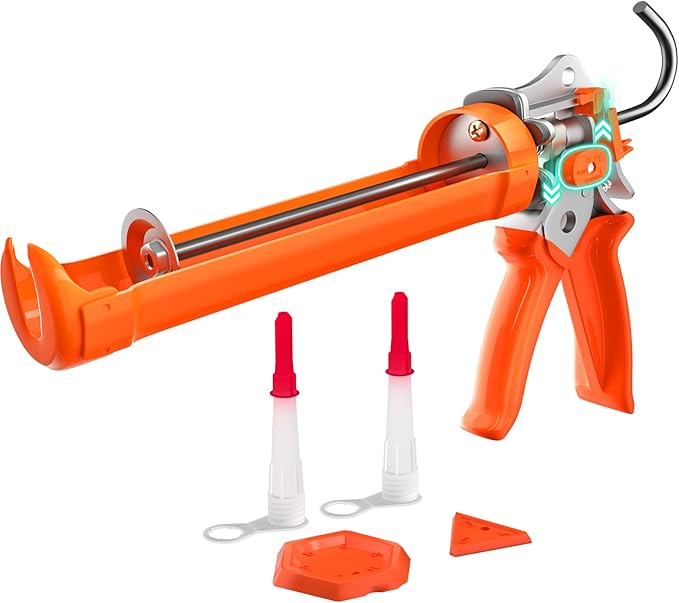 Holothurian Caulking Gun, Heavy-Duty Aluminum Caulk gun, 1/10 Gallon, Adjustable 12:1 & 25:1 Thrust Ratio, No-Drip, Built-in Nozzle Cutter and Puncture Tool, Two Nozzles and Scraper