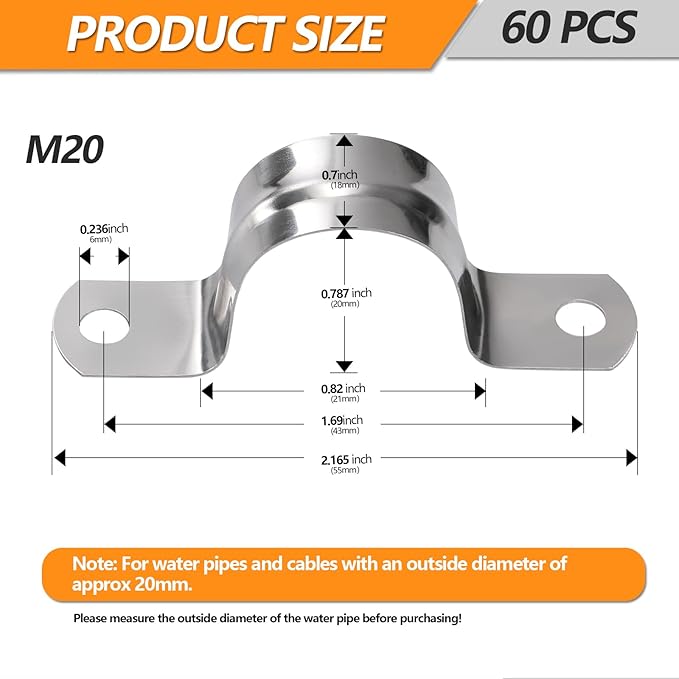 60PCS M20 Stainless Steel Rigid Pipe Strap for 3/4 Inch Hose OD, Rigid Pipe Strap, 2 Holes Cable U Bracket, Tube Strap Tension Clips, U-Tube Clamp