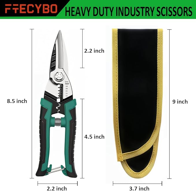 Heavy Duty Industrial Scissors 8.5'', Electrician Scissors with Finely Serrated CR-V Powerful Blades, Easy Cutting Wires, Cardboard, Plastic, Carpet, Wire Stripping and Crimping