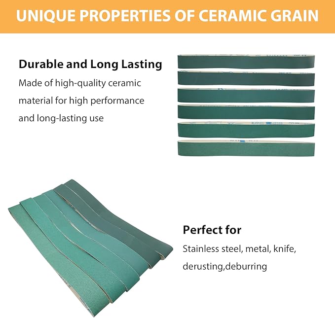 2 x 42 Inch Ceramic Sanding Belts, 2x42 Metal Grinding Belt, 60/80/120/180/240/400 Grit Sander Belt for Knife Making, Deburring, 6 Pack