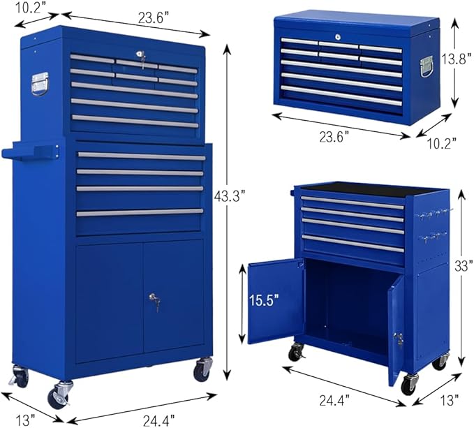13-Drawer Tool Chest with Double Door and Wheels, Large Detachable Tool Box with Sliding Drawers, Mechanic Toolbox Storage Cabinets, Metal Tool Cart for Garage Workshop (Blue)