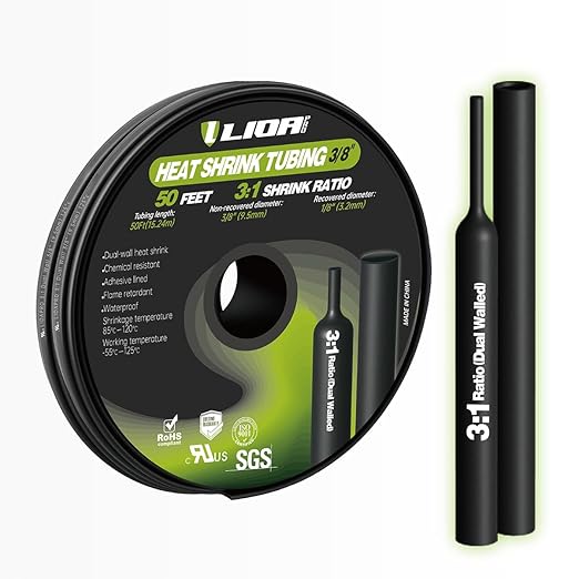 50FT 3:1 Heat Shrink Tubing - Adhesive-Lined Marine Grade, Black 3/8 inches - Ideal for Home, Automotive & Industrial Applications