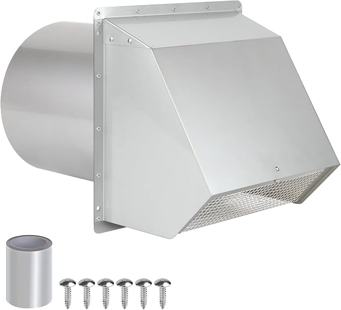 6 Inch Wall Vent Cover,Exterior Wall Vent Hood with Screen and Damper Exhaust Dryer Vent Cover Outside,External Extractor Wall Exhaust Vent Cap for Range Hood Kitchen Outdoor Air Vent,Stainless Steel