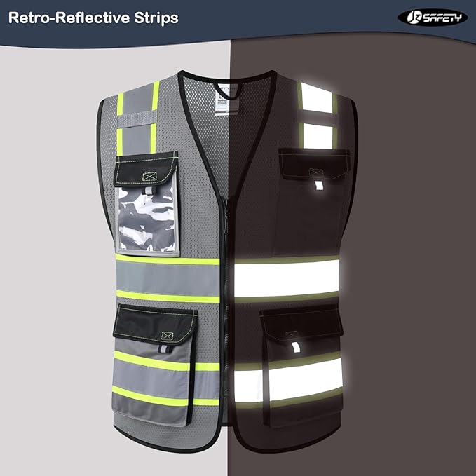 JKSafety Hi Vis Reflective Safety Vests for Men Women High Visibility Vest with Pockets Mesh Fabric Construction Safety Apparel Neon Vest for Work (220-Grey XL)