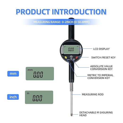 Precision Digital Dial Gauge,Dlectrical Digital Indicator Graduation of 0.01mm Metric and Imperial Measure Tool Electronic Dial Gauge with A Range of 50.8mm/2 in,for CNC Machine,Carpentry Measurement