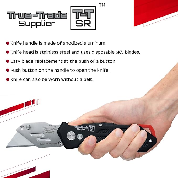 Heavy Duty Folding Utility Knife with Maintenance Tool, Holster, Nylon Pouch, Belt Clip, Stainless Steel Box Cutter, One Year Warranty