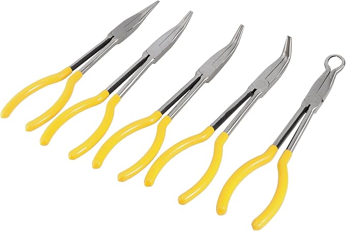 SINJEUN 5-Piece 11 Inch Nose Pliers Set, Long Reach Angle Pliers - Straight, 25, 45, 90 and Round. Yellow Rubber Grip