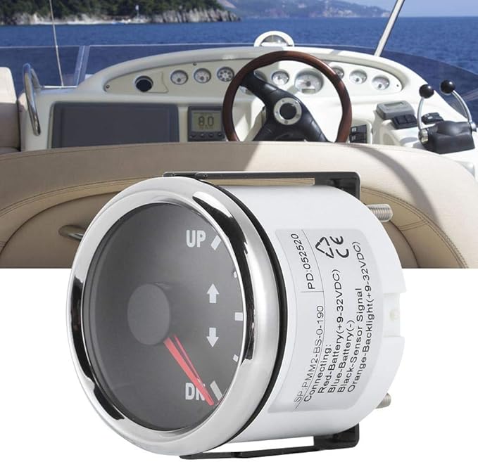 Aramox Boat Trim Gauge, 52mm/2in UP-DN Boat Trim Gauge 0-190ohm Trim Tilt Indicator Red Backlight (Black Dial Silver Frame)
