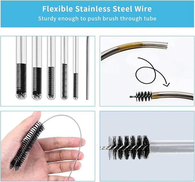 10 Pcs Flexible Drain Brush Straw Cleaner Brush Set,Pipe Cleaners Brush,61Inch Stainless Steel Double-Ended Hose Brush 8.2Inch Nylon Long CPAP Tube Cleaning Brush for Home Kitchen Sink Plumbing