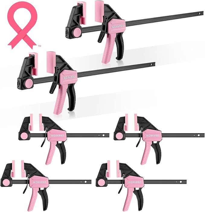 WORKPRO Bar Clamps for Woodworking, 6-Pack One-Handed Clamp/Spreader, 4PC 6" and 2PC 12" Wood Clamp Set, Light-Duty Quick-Change F Clamps with 150 lbs Load Limit, Pink Ribbon