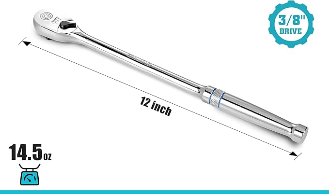 DURATECH Extra Long Handle 3/8-Inch Drive Ratchet, 90-Tooth Ratchet Wrench with 12" Handle and Dust Proof Teardrop Enclosed Head, Reversible, CR-V Steel Made, CR-MO Head, Full Polished, Gifts for Men