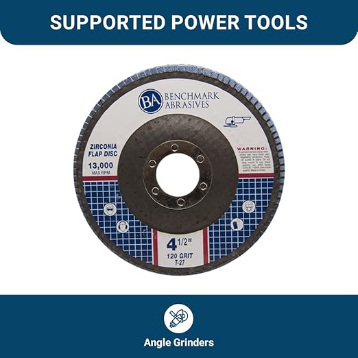 Benchmark Abrasives 4.5" Premium Zirconia Type 27 Flat Flap Discs Grinding Wheels for Sanding Stock Rust Removal Finishing Grinding Deburring Stainless Steel, 7/8" Arbor (100 Pack) - 120 Grit