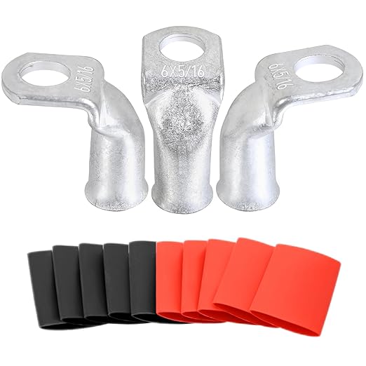 Tinned Copper Cable Lugs 10pcs 6 AWG-5/16 90 Degree Bent Battery Lugs,Heavy Duty Wire Lugs,Ring Terminal,6 Guage terminals,Battery Cable Ends/Terminal Connectors with 10pcs 3:1 Heat Shrink Tubing