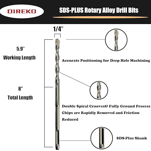 Direko SDS Plus Rotary Hammer Drill Bits 5-Piece Carbide-Tipped for Masonry，Concrete,Brick Granite etc (HD-A1/4 x8)