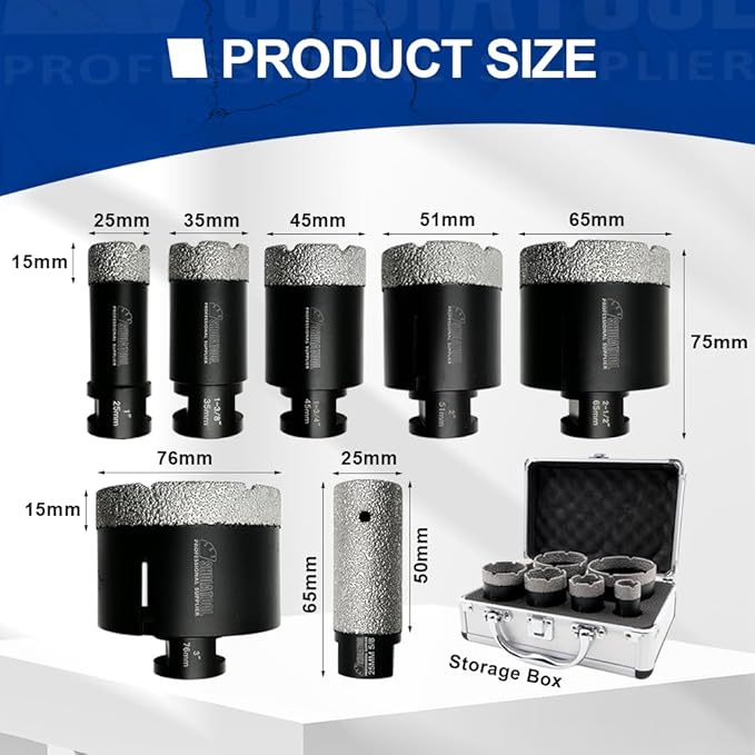 SHDIATOOL Diamond Core Drill Bits Set Hole Saw Kit for Porcelain Tile Ceramic Marble Brick Vacuum Brazed Cutter 7-Piece (25/35/45/51/65/76mm)+25mm Finger Bits