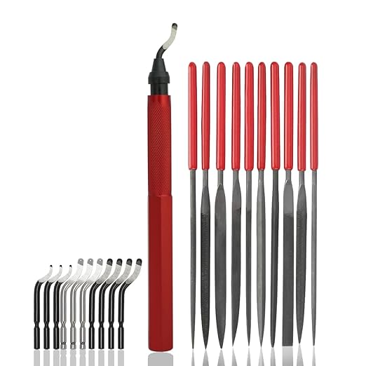Deburring Tool Kit,10Pcs Needle File,Metal Handle Deburring Tool for Metal Resin 3D Plastic Copper Aluminum Pipes Tube Hole with Extra 10pc Multiuse Blades Removing Burr
